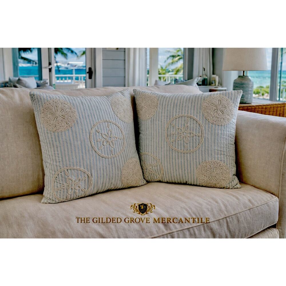 Mud Pie Beaded Sand Dollar Pillows Coastal Blue White Decorative Throw Set of 2